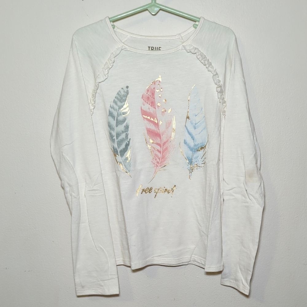 True Craft Sparkly Free Spirit Feather Shirt Long Sleeve Shoulder Ruffles Size 8